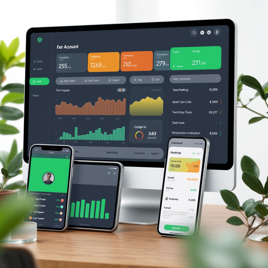 Modern digital banking interface showing secure account dashboard with financial charts, transaction history, and mobile banking features on multiple devices