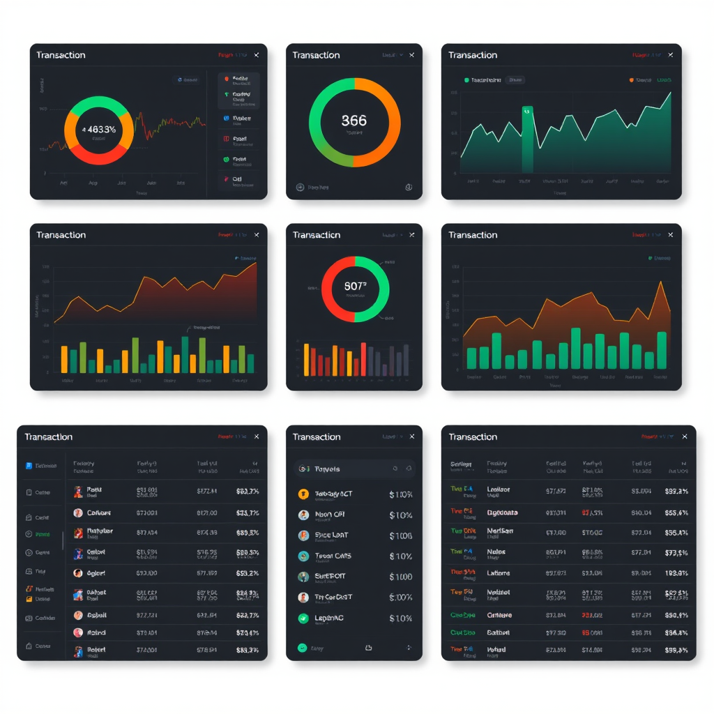 Modern financial dashboard showing real-time transaction monitoring interface with charts, graphs, and transaction lists on multiple screens