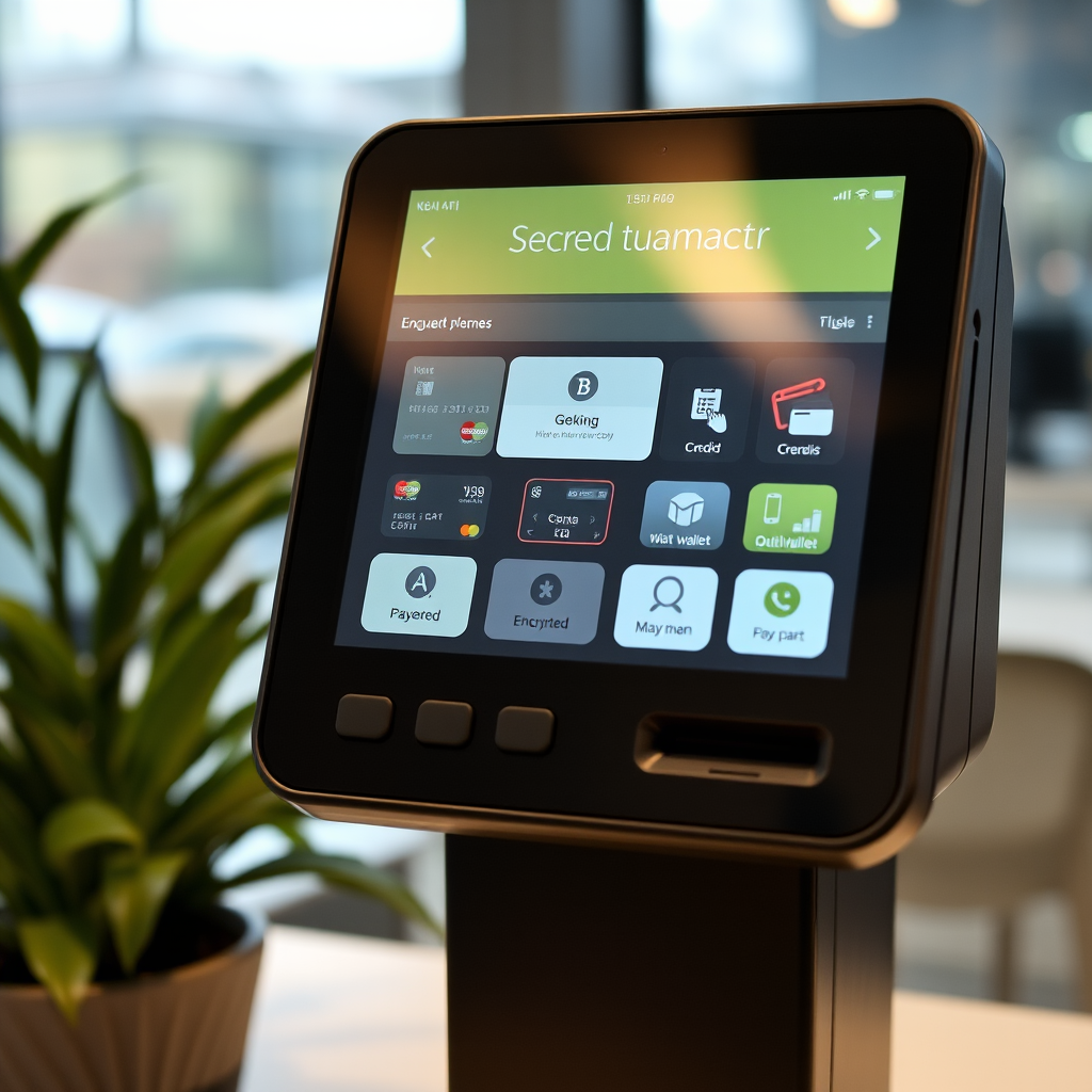 Modern secure payment processing terminal with encrypted transaction display showing various payment methods including credit cards and digital wallets