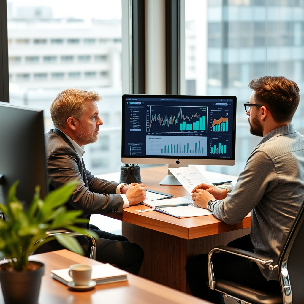 Professional financial advisor consulting with client at modern office desk, reviewing digital banking documents and charts on computer screen