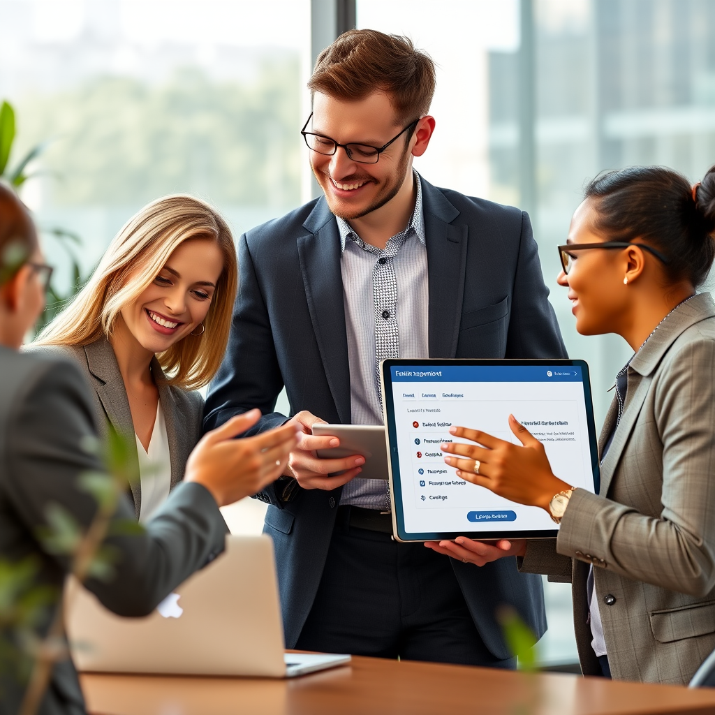 Business team collaborating on financial management with multiple user access levels, showing secure login screens and permission settings interface