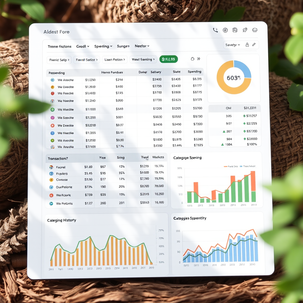 Detailed transaction history interface showing comprehensive financial records, categorized spending, and historical data analysis charts