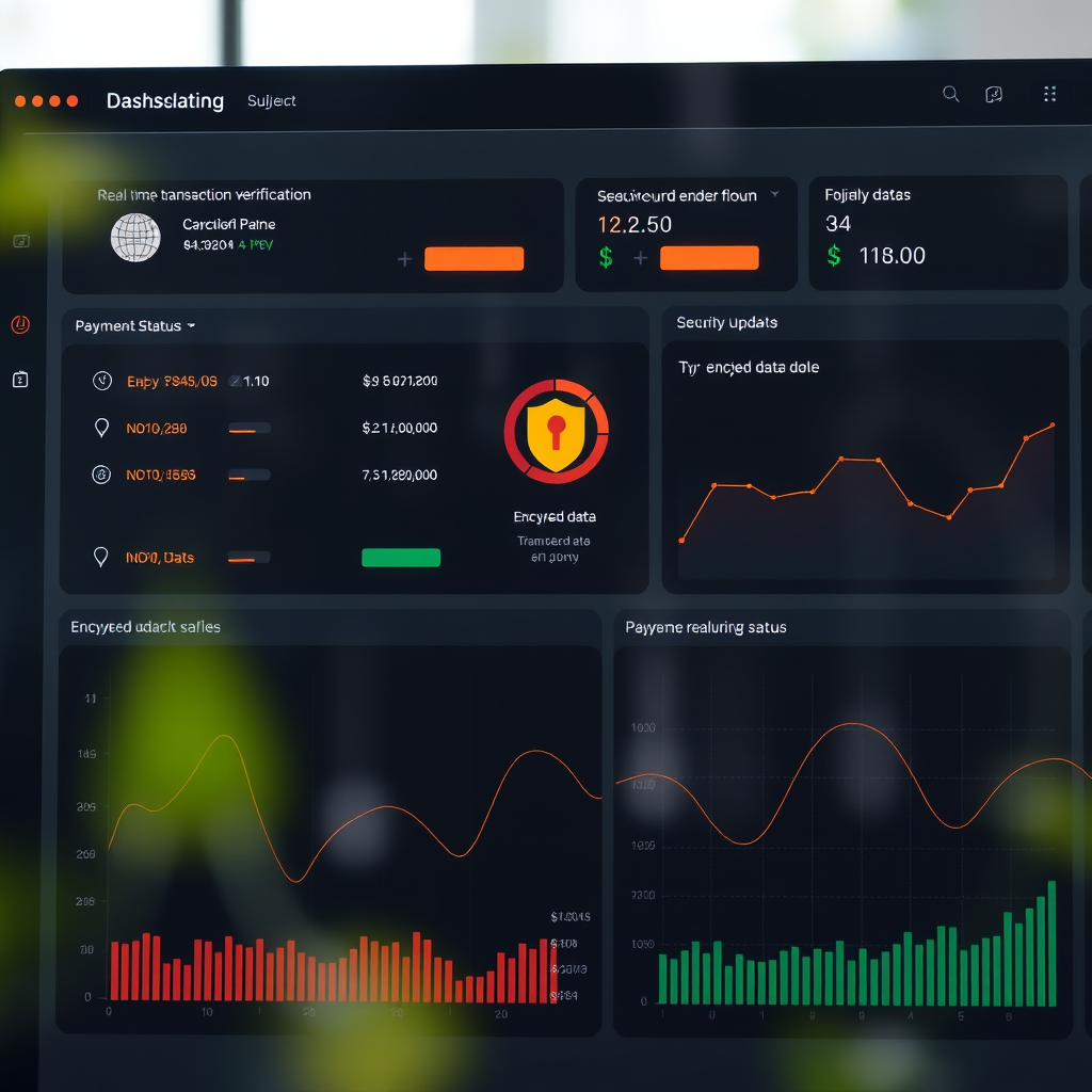 Professional dashboard interface showing real-time transaction verification with security indicators, payment status updates, and encrypted data flow visualization