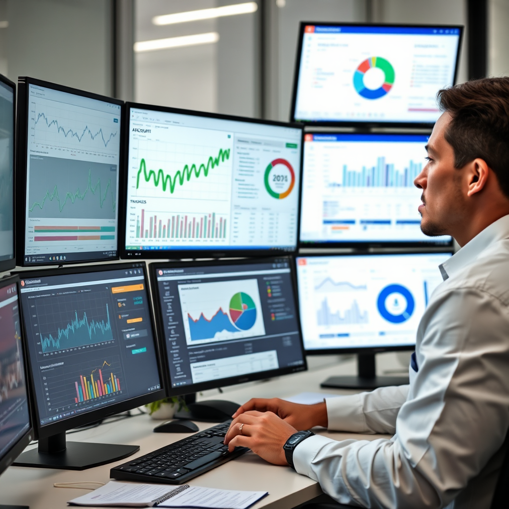 Financial consultant analyzing digital banking data on multiple monitors showing transaction patterns, account performance metrics, and security dashboard
