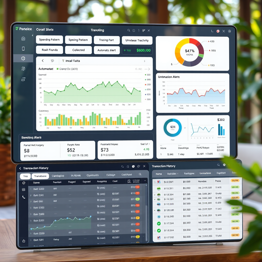 Advanced transaction monitoring system interface showing real-time financial activity tracking, spending pattern analysis charts, automated alerts, and comprehensive transaction history dashboard
