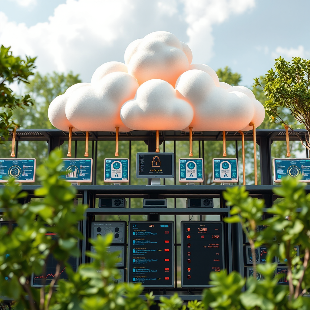 Advanced banking technology infrastructure showing cloud computing, API integrations, and secure data processing systems
