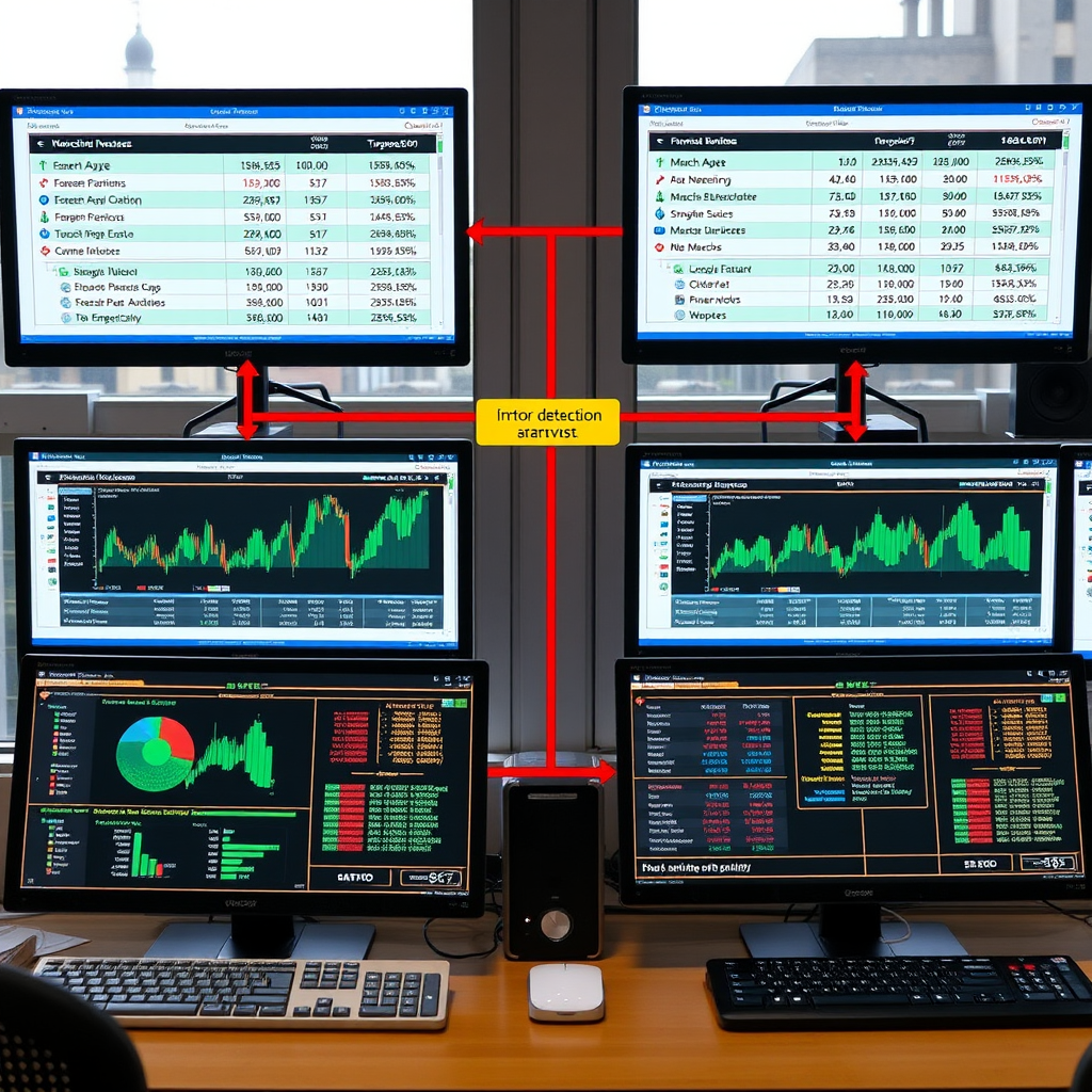 Automated financial reconciliation system showing matching transactions, balance verification, and error detection on computer screens with charts and data flows