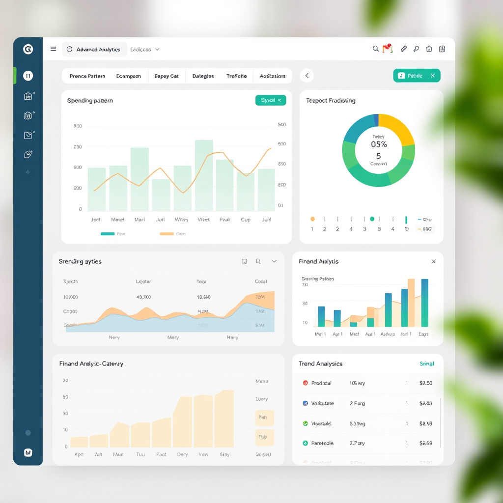 Advanced analytics dashboard displaying spending pattern charts, category breakdowns, trend analysis, and financial behavior insights
