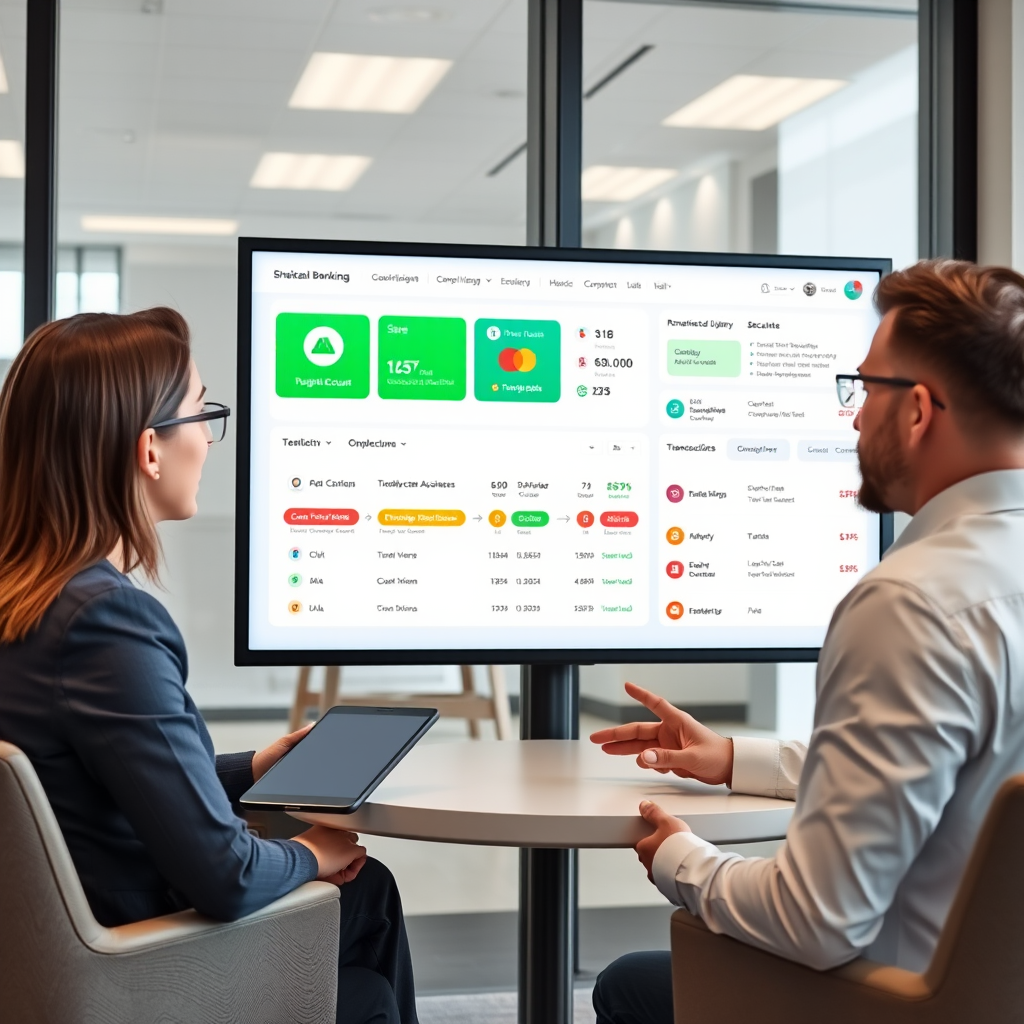 Modern digital banking consultation session showing advisor and client reviewing optimized account dashboard with enhanced security features and streamlined transaction workflows on large display screen