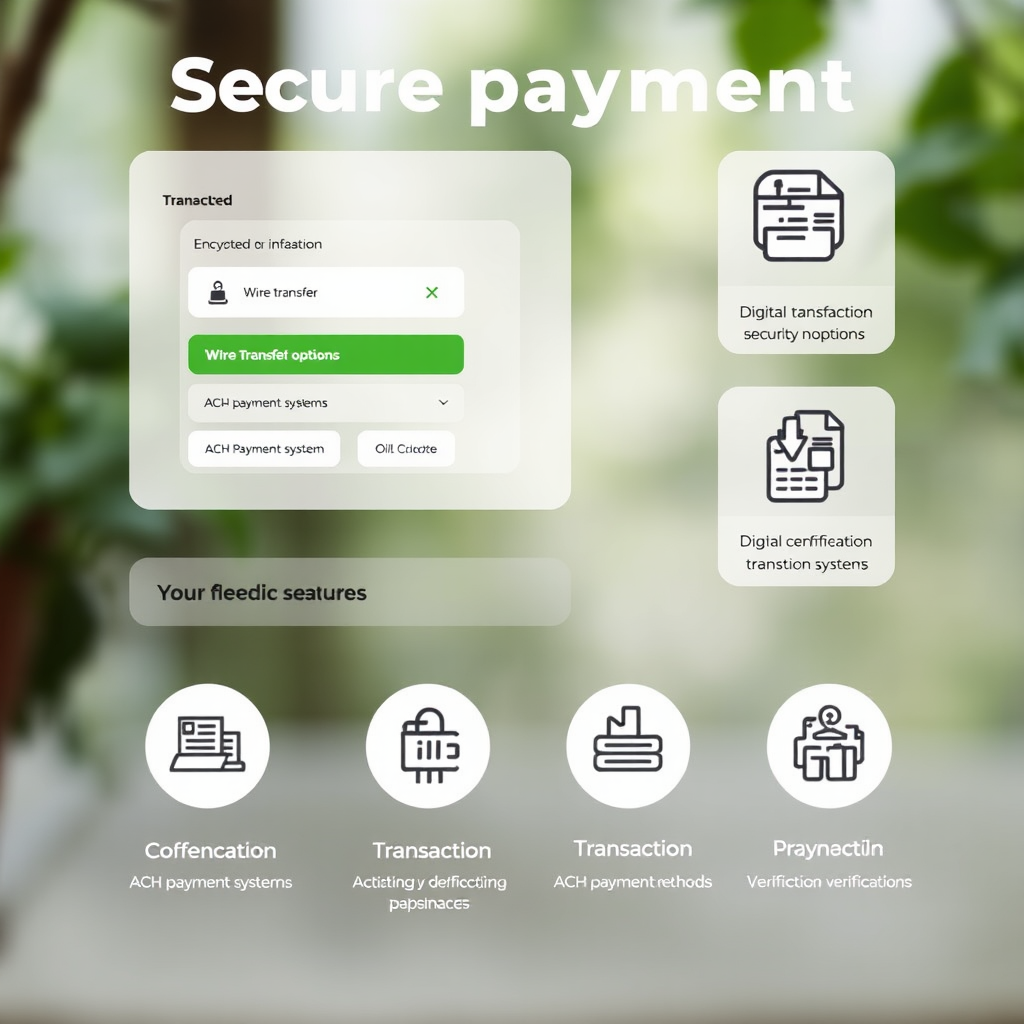 Secure payment processing platform showing encrypted transaction interface, wire transfer options, ACH payment systems, digital payment methods, and transaction verification security features