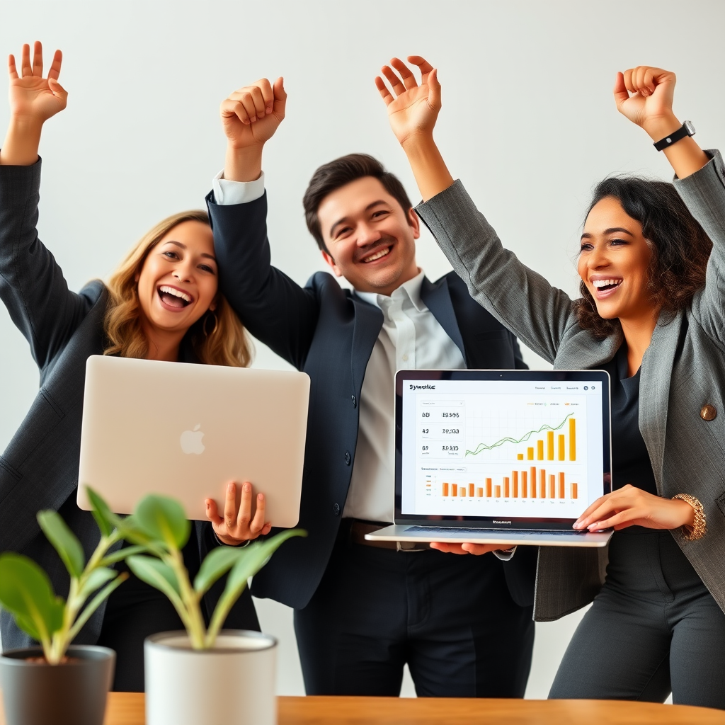 Business professionals celebrating successful financial management implementation with laptops showing Synovtus dashboard and positive growth charts