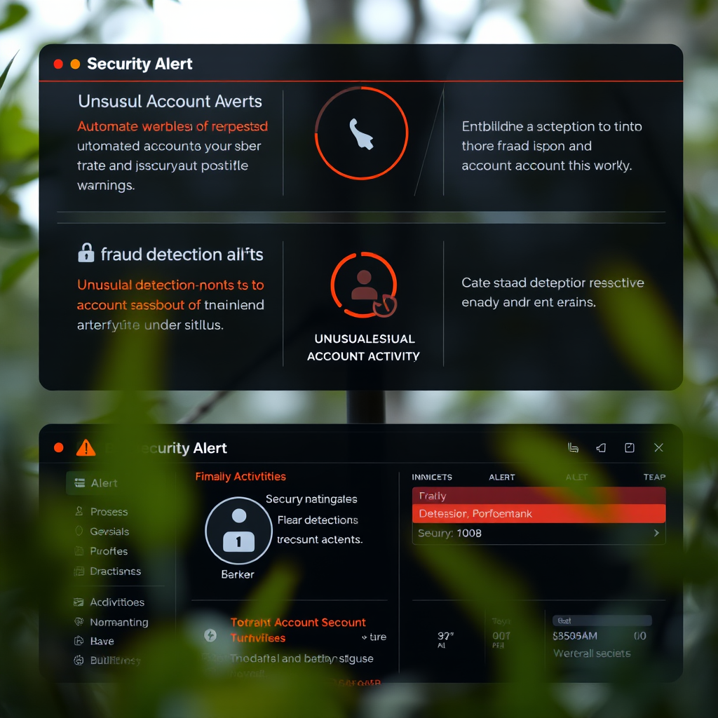 Security alert notification system showing automated warnings for unusual account activity, fraud detection alerts, and security monitoring interface