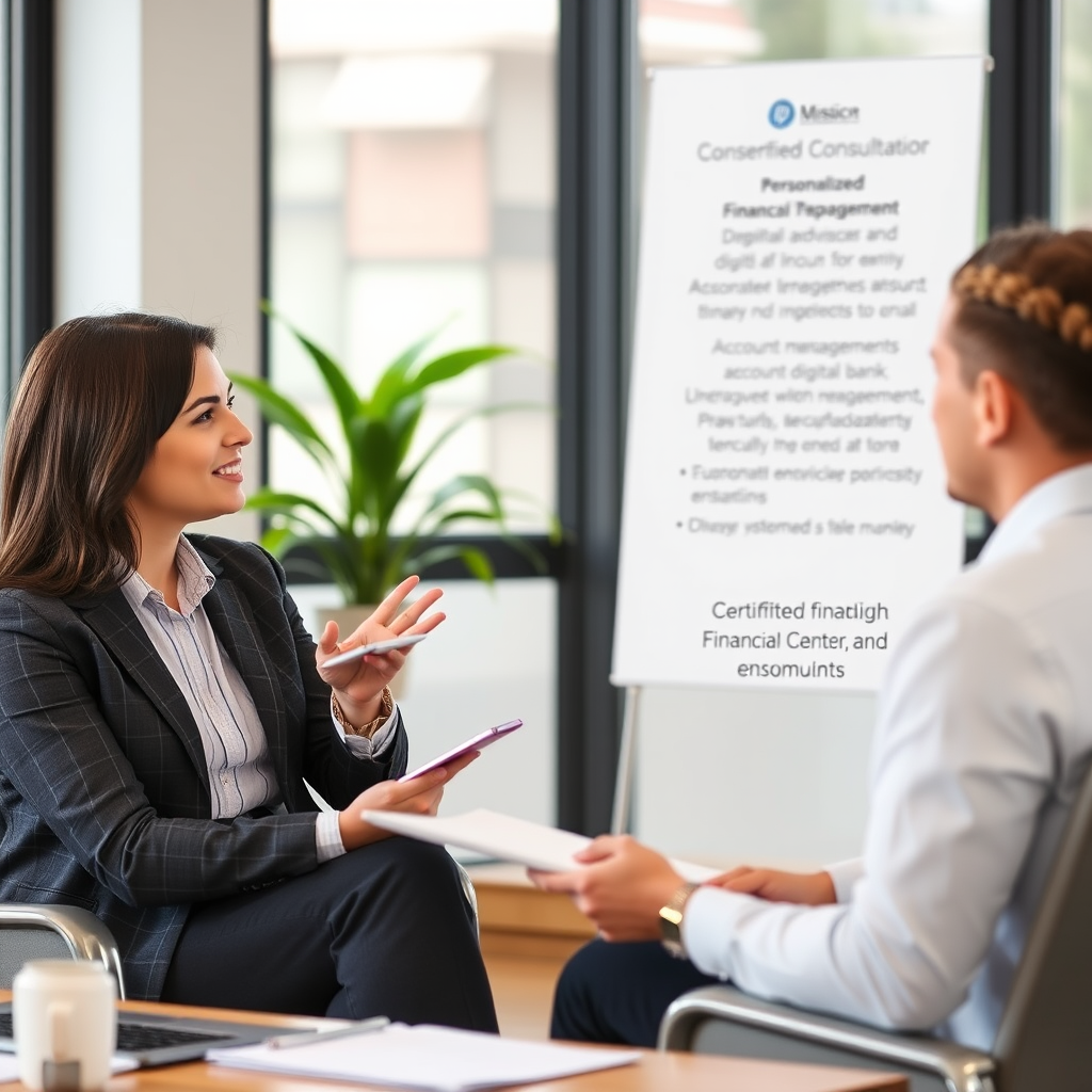 Professional financial consultation meeting showing certified financial advisor providing personalized guidance on digital banking, account management optimization, security protocols, and financial strategy planning